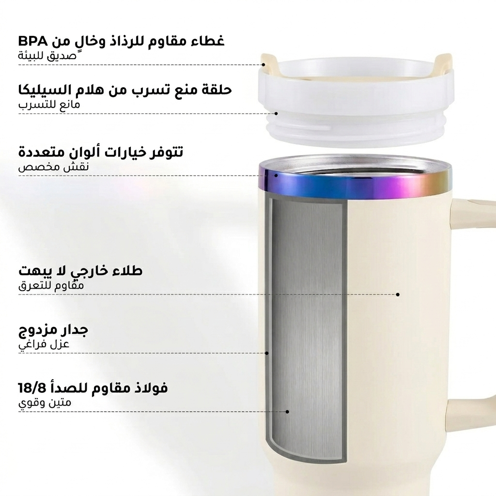 مق السدو - كوب حراري من الستانلس ستيل منقوش بالليزر بسعة 40oz (1.18لتر) مع مقبض قابل للإزالة