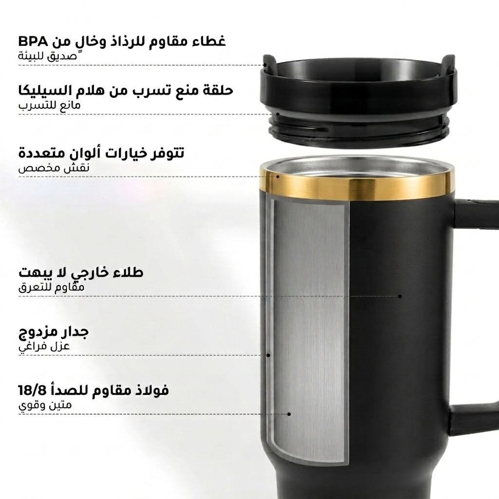 مق الكريستال - كوب حراري من الستانلس ستيل منقوش بالليزر بسعة 40oz (1.18لتر) مع مقبض قابل للإزالة